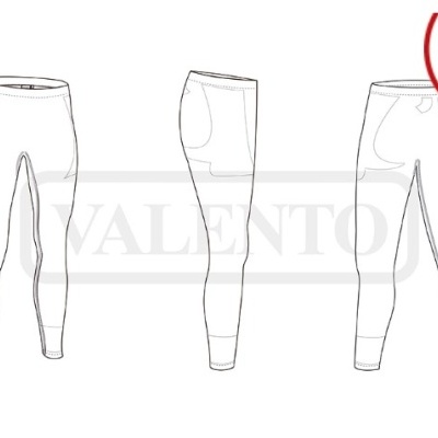 Desenho técnico de legging branca com bolsos laterais e cós elástico