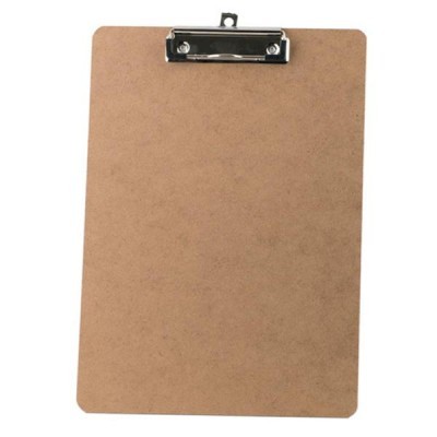 Prancheta de madeira clara com suporte metálico prateado