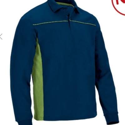 Camisola de manga comprida azul escuro com detalhes verdes e gola tipo polo
