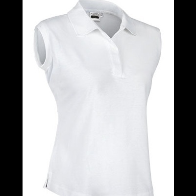 Polo feminina branca sem mangas com gola e abertura com botões