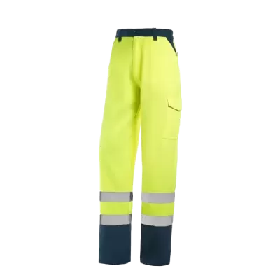 Calças de trabalho amarelas fluorescentes com detalhes azuis escuros e faixas reflexivas.