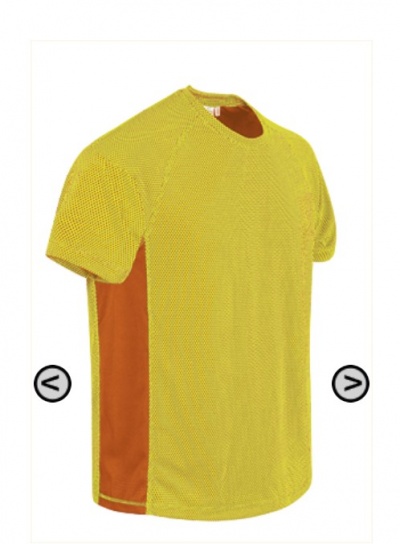 T-shirt desportiva amarela com painéis castanhos