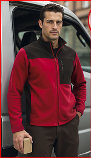 Homem com camisola polar vermelha e castanha junto a carrinha branca