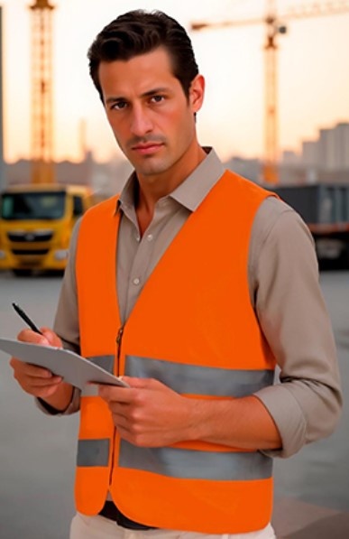Homem de colete refletor laranja com faixas cinzentas, escrevendo numa prancheta em estaleiro de construção