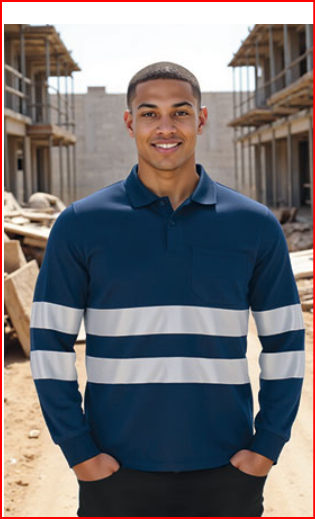 Homem com polo azul escuro com faixas cinza claro em canteiro de obras