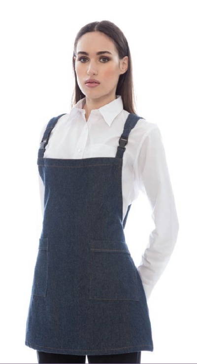 Avental de ganga azul escuro com bolsos frontais e alças pretas ajustáveis