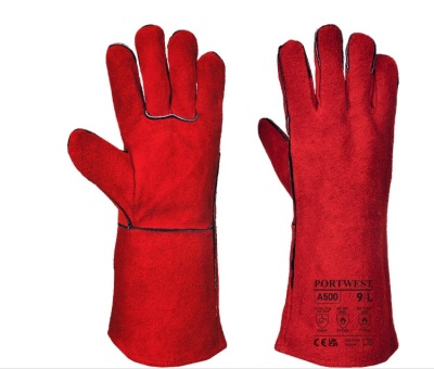 Par de luvas vermelhas de camurça com texto PORTWEST e número 9 L
