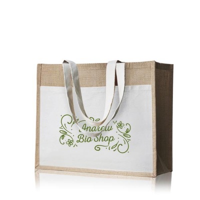 Saco de juta e tecido branco com alças brancas e texto verde 'Anacau Bio Shop' e decoração floral