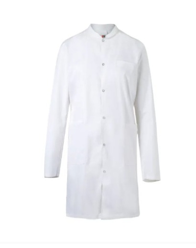 Bata médica branca com botões frontais e gola alta