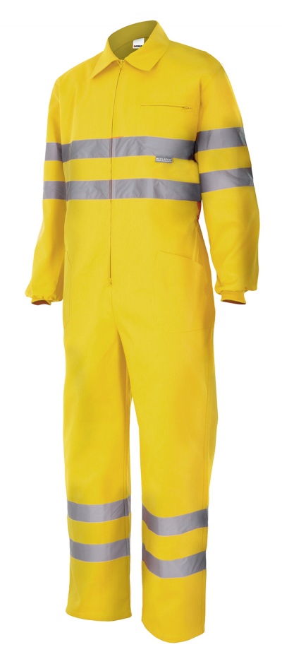 Macacão de trabalho amarelo com faixas refletores cinza