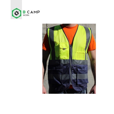 Colete de alta visibilidade amarelo fluorescente e azul escuro com faixas refletoras e bolsos