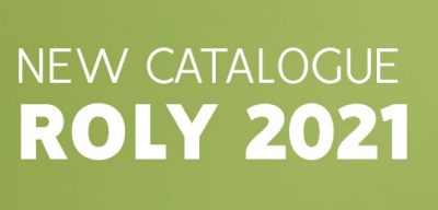 Texto NEW CATALOGUE ROLY 2021 em fundo verde