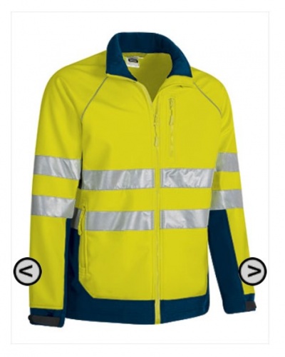 Casaco de alta visibilidade amarelo com faixas refletoras e detalhes azuis