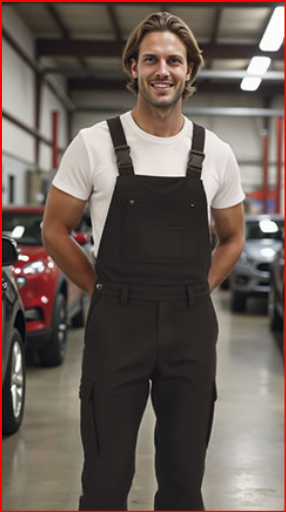 Homem de macacão preto e t-shirt branca numa garagem com carros ao fundo