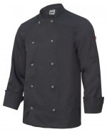 Casaco de chef preto com botões prateados e gola mandarim