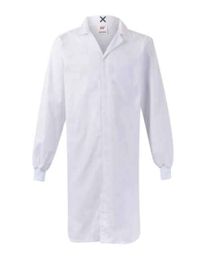 Bata branca de manga comprida com fecho frontal oculto e punhos elásticos