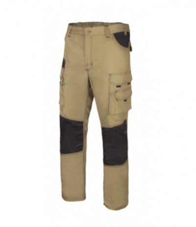 Calças de trabalho bege com reforços pretos nos joelhos