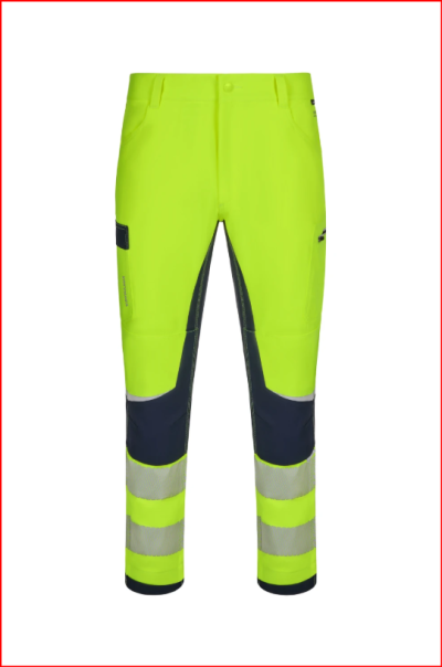 Calças de trabalho amarelo fluorescente com faixas refletoras e detalhes azuis.