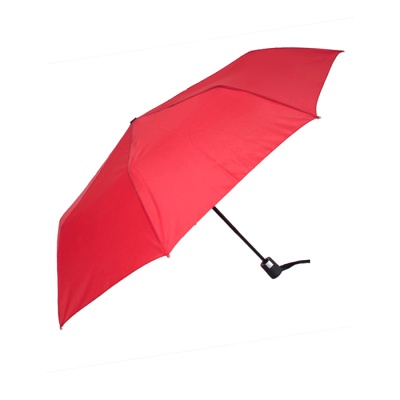 Guarda-chuva compacto vermelho com estrutura preta e punho com correia
