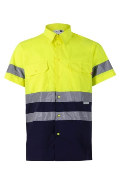 Camisola de trabalho amarela fluorescente e azul com bandas refletoras