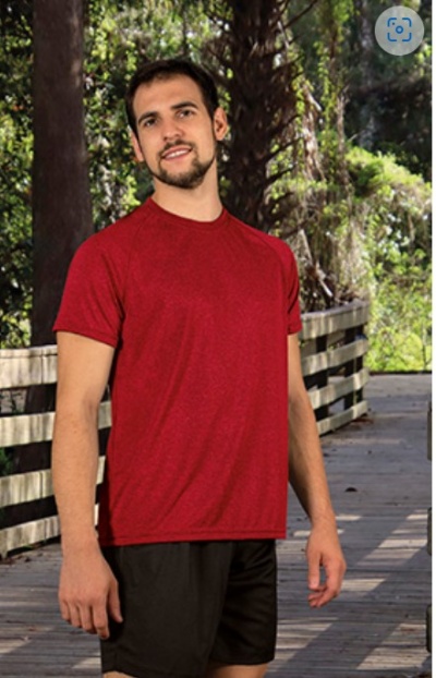 Homem a usar camisola vermelha de manga curta e calções pretos num passadiço de madeira ao ar livre.