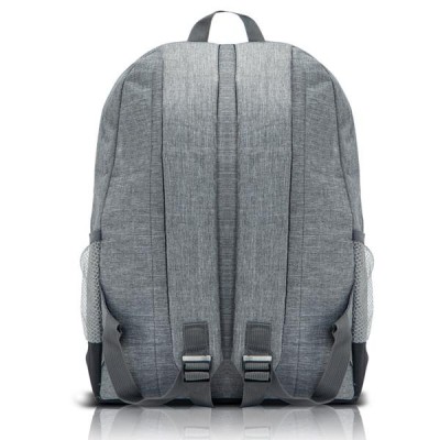 Mochila cinzenta vista de trás com alças acolchoadas e redes laterais.