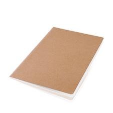 Caderno com capa castanha e páginas brancas sobre fundo branco