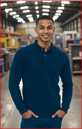 Homem com camisola azul escura de gola e botões em ambiente industrial