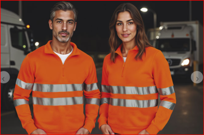 Dois modelos com sweatshirts de trabalho laranja e faixas reflexivas cinza em ambiente industrial