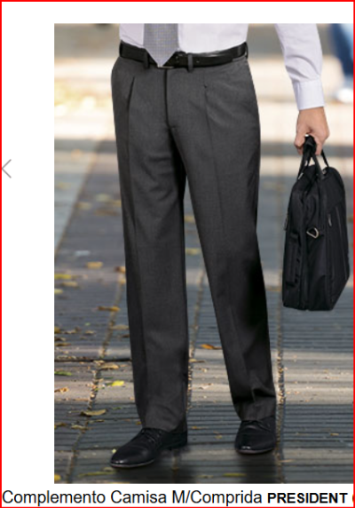 Calças cinza compridas usadas com cinto preto e sapatos pretos, com camisa branca e pasta preta