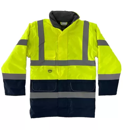 Casaco de segurança amarelo e azul com faixas reflexivas