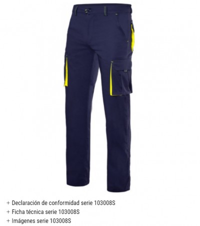 Calças de trabalho azul escuro com detalhes amarelos e bolsos múltiplos