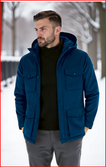 Homem de casaco azul escuro com capuz em ambiente nevado