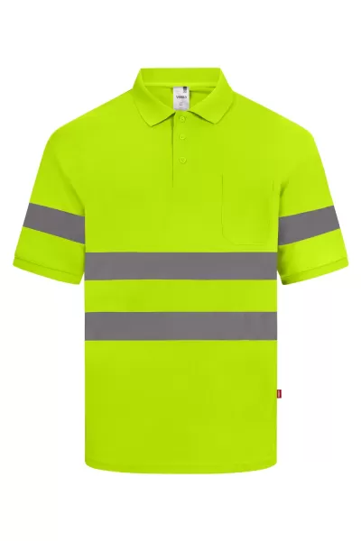 Polo de alta visibilidade amarelo fluorescente com faixas retrorefletoras cinzentas e bolso no peito