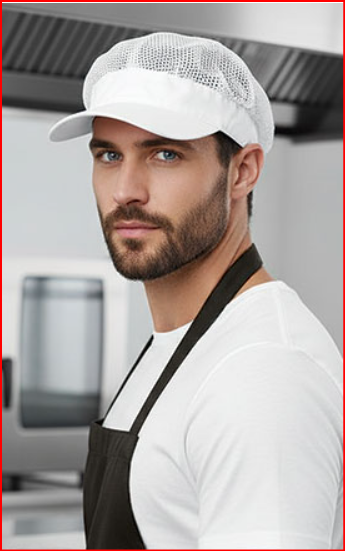 Homem com boné branco com rede e avental preto numa cozinha profissional