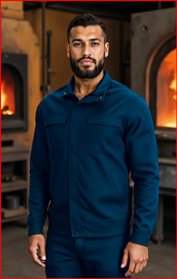 Homem com casaco azul escuro em ambiente industrial com fornos