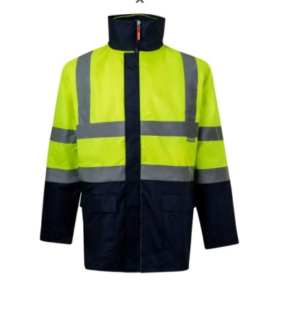 Casaco de alta visibilidade amarelo fluorescente com faixas refletoras cinzentas e detalhes azuis escuros