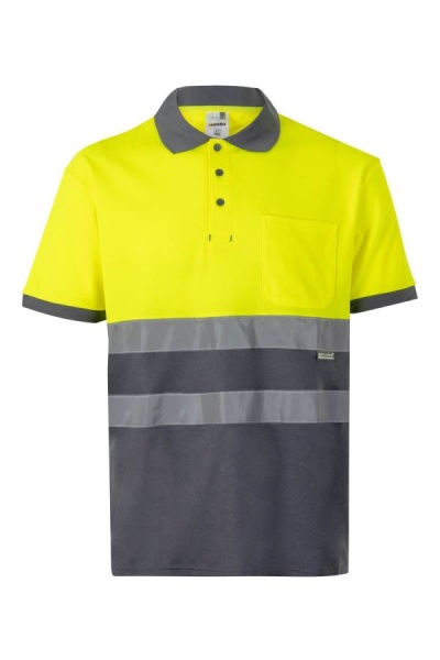 Polo de trabalho amarelo fluorescente e cinza com faixas refletoras e bolso ao peito.