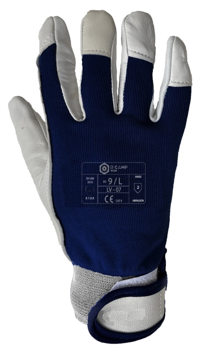 Luva de trabalho azul e branca com texto impresso B CAMP WORK