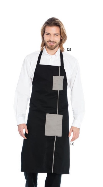 Homem com avental preto com bolsos cinzentos e camisa branca