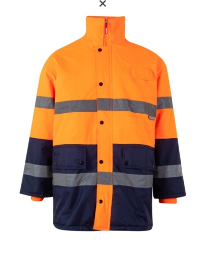 Casaco de alta visibilidade laranja e azul com faixas refletoras
