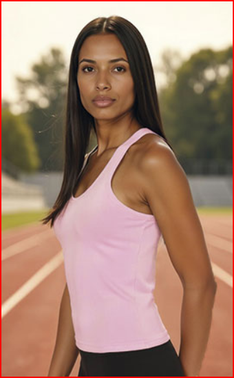 Mulher com camisole rosa em pista de atletismo