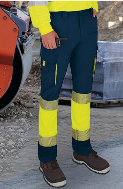 calças de trabalho azul escuro e amarelo fluorescente com faixas refletoras nos joelhos
