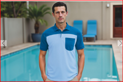Homem com polo azul bicolor perto de piscina com cadeiras azuis