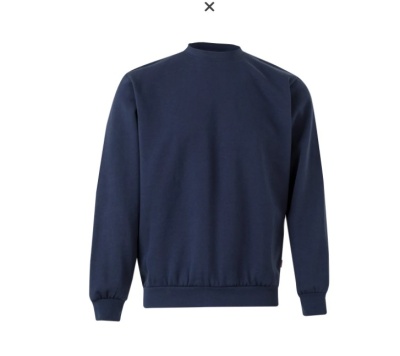 Camisola azul escura de malha, vista de costas, com gola redonda e punhos elásticos.