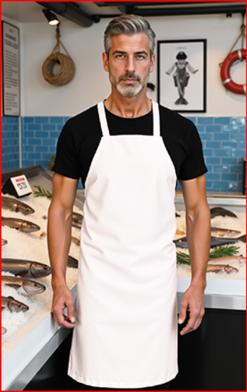 Homem com avental branco numa peixaria