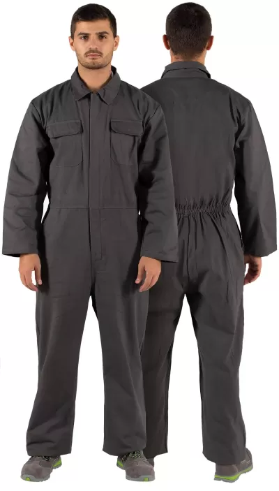 Macacão de trabalho cinza escuro com bolsos e fecho frontal