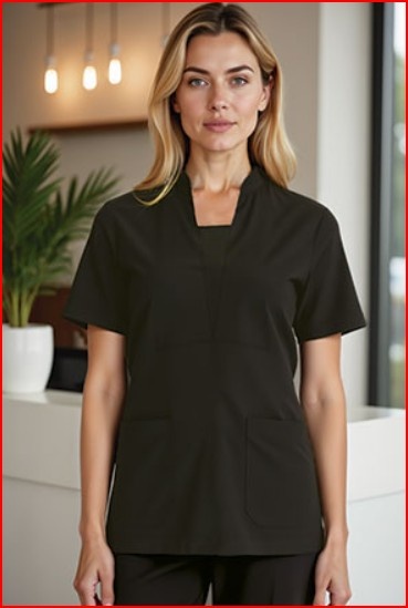 Blusa profissional preta de manga curta com gola em V quadrada e bolsos frontais