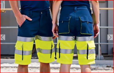 Calções de trabalho azul escuro e amarelo fluorescente com faixas refletoras prateadas