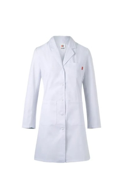 Casaco de laboratório branco com botões e gola de lapela